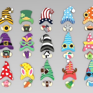 May include: A collection of colorful gnome-themed wooden cutouts. Designs include hats with various patterns, such as stripes, polka dots, and stars, paired with themed accessories like a sunflower, shamrock, and football.