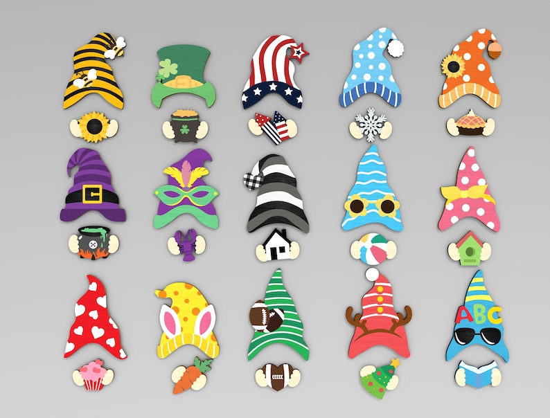 May include: A collection of colorful gnome-themed wooden cutouts. Designs include hats with various patterns, such as stripes, polka dots, and stars, paired with themed accessories like a sunflower, shamrock, and football.