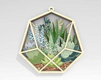 May include: A wooden geometric terrarium with a variety of green and blue succulents and plants inside. The terrarium is shaped like a hexagon and has a wood frame.
