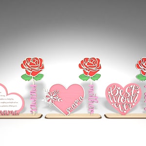 Dzień Matki Róża i Serce Z Dekoracją Stojakową SVG, Prezent dla Mamy, Dzień Matki SVG, Prezenty na Dzień Matki SVG, Pliki SVG Glowforge, Pliki cięte laserowo