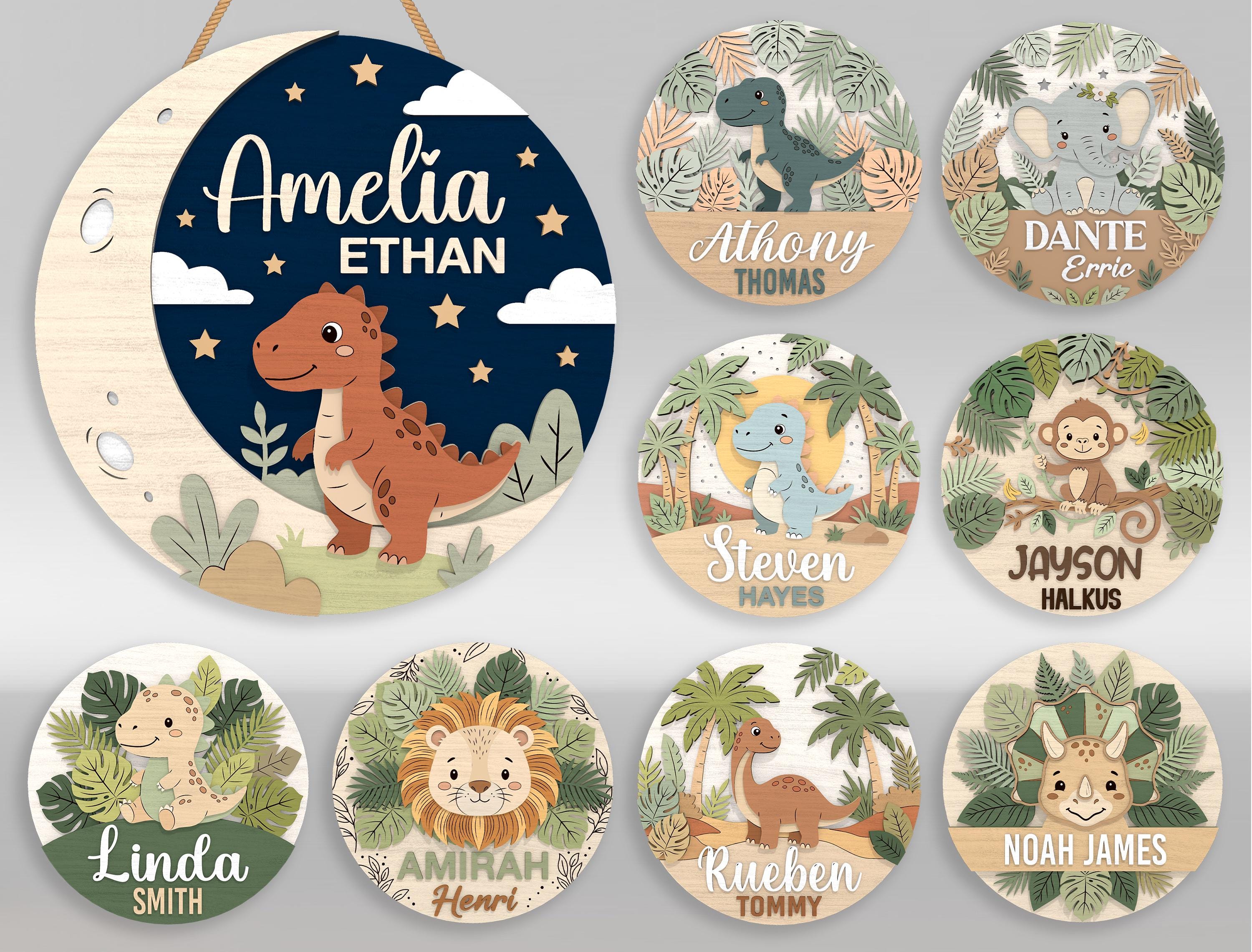 Dinosaur Baby Name Sign SVG Bundle, Jungle Tyrannosaur Lion Set Round ...