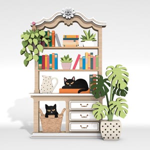 Libreria multistrato Art svg, Piante da appartamento a strati svg, Piante sospese svg, Libreria e gatto svg, Pezzo d'arte a 7 strati per Glowforge, File tagliati al laser
