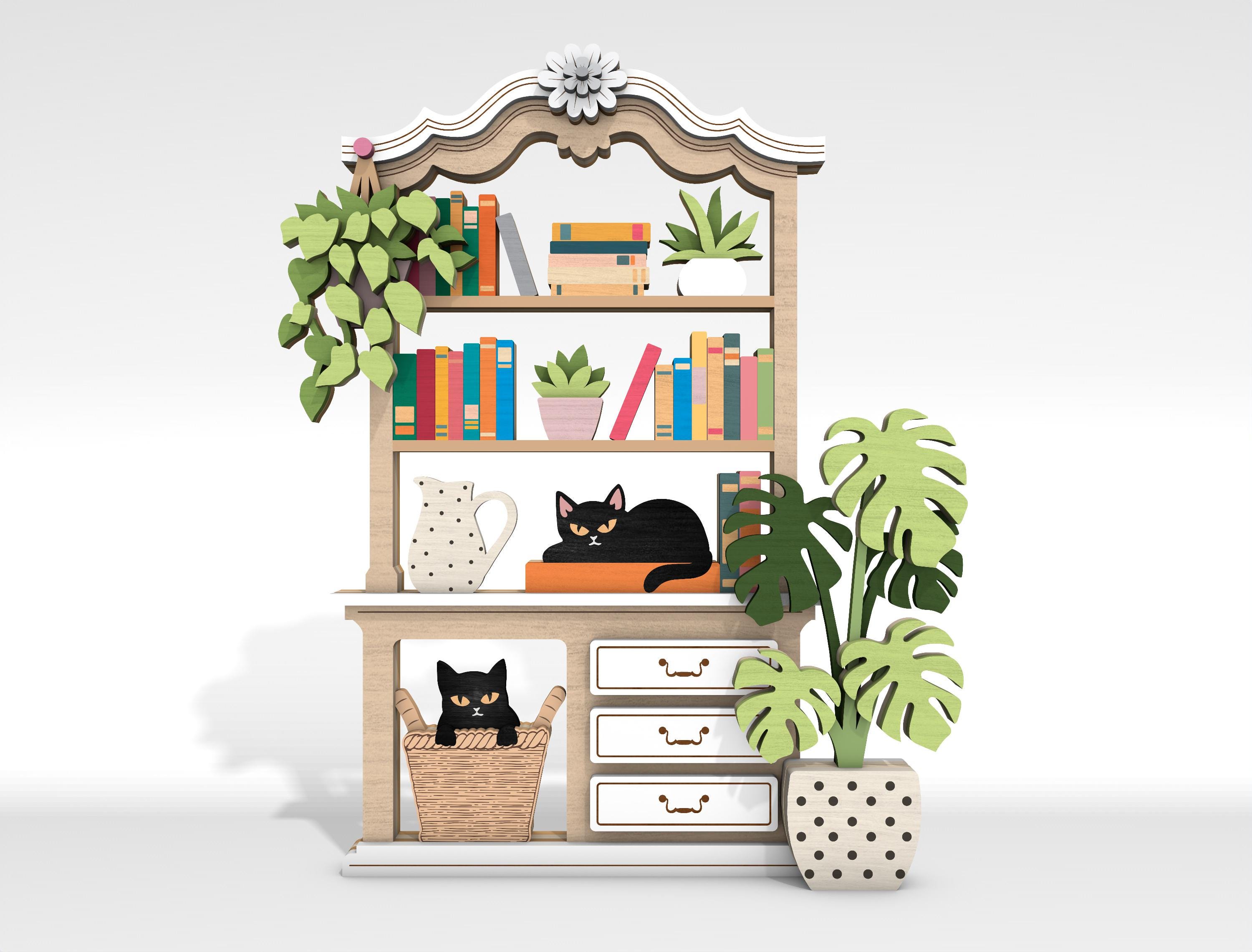 Multilayer Bookcase Art svg,Houseplants layered svg,Hanging plants svg,Bookcase and cat svg,7 Layer Art Piece for Glowforge, Laser cut files