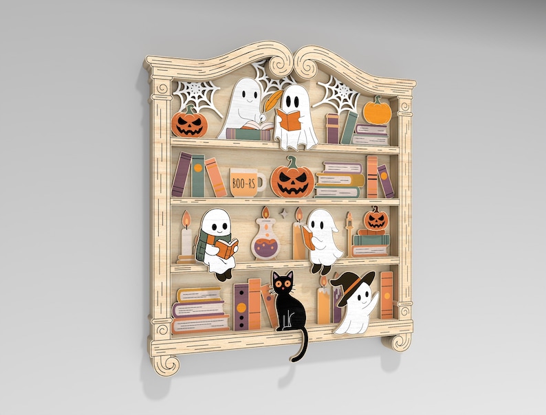 May include: Wooden Halloween-themed bookshelf with cartoon ghosts, pumpkins, books, and a black cat. The bookshelf has multiple shelves with various Halloween decorations. The text "BOO-KS" is visible on a mug. The overall design is whimsical and festive.