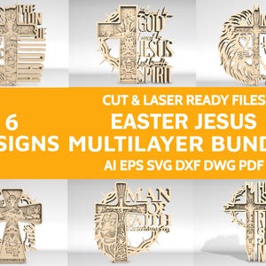 6 Multilayer Ostern Jesus SVG Bundle, Multilayer Jesus Story Laserschnittdateien, Kreuzigung und Auferstehung Christi SVG, Glowforge svg-Dateien