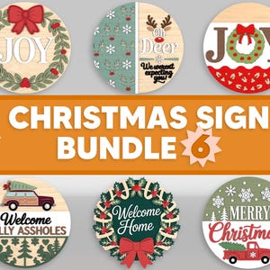 Christmas Door Sign SVG Bundle, Wooden Holiday Round Signs svg, Rustic Xmas Porch Welcome Sign Laser Cut Files, Cricut,Glowforge svg files