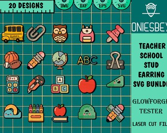 Op de afbeelding: Een set van 20 SVG-ontwerpen voor leraar school stud oorbellen. De ontwerpen omvatten een schoolbus, een potlood, een aardbol, ABC-blokken, een paperclip, een uil, een rugzak, een duimspijker, een rekenmachine, een liniaal, een schaar, een appel, een tape dispenser, een doos met kleurpotloden en een geodriehoek. De ontwerpen zijn perfect voor lasersnijden en kunnen worden gebruikt om unieke en gepersonaliseerde oorbellen te maken.