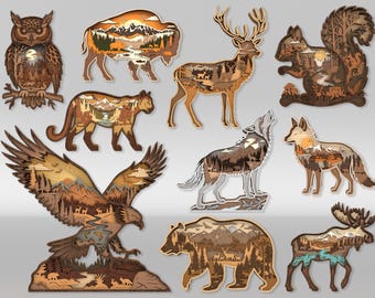 3D geschichtete Waldtiere SVG, 3D Dateien, rustikales Bergtier Laser geschnitten, Glowforge Cricut SVG, digitale Datei