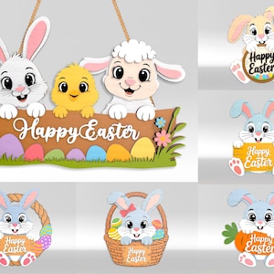 Può includere: Decorazioni pasquali in legno con coniglietti, un pulcino e un agnello. Un cartello recita "Happy Easter" con uova e fiori colorati. Altre decorazioni includono coniglietti che tengono cartelli e in cestini, tutti con il testo "Happy Easter".