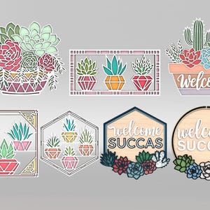 Pakiet dekoracji sukulentów SVG, wieszak na drzwi sukulentów powitalnych SVG, warstwowy kaktus SVG, kosz sukulentów SVG, pliki SVG Glowforge, pliki cięte laserowo