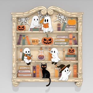 Flerskiktad Halloween Ghost bokhylla SVG, Spöklikt bibliotek med Boo-läsare, pumpor och katt svg, 6-lagers konstverk för Glowforge, laserskurna filer