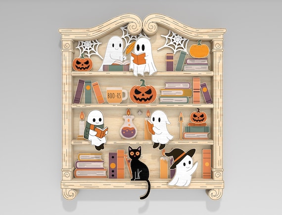 Multilayer Halloween Ghost Bookshelf SVG,Spooky Library with Boo Readers, Pumpkins & Cat svg,6 Layer Art Piece for Glowforge,Laser cut files