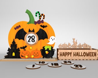 Cuenta atrás de pie Halloween Pumpin svg, Cuenta atrás para Halloween svg, Escena de Halloween svg, Archivos svg Glowforge, Archivos cortados por láser