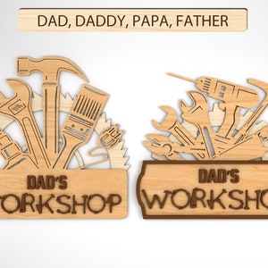 Signe de l'atelier de papa personnalisé SVG, svg de signe papa mécanicien, outils pour papa svg, svg papa pratique, svg cadeaux fête des pères, fichiers svg Glowforge