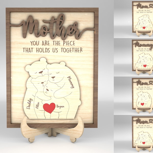 Signo de rompecabezas personalizado del Día de las Madres svg, Rompecabezas de la familia del oso SVG, Regalo para mamá, Regalos del Día de las Madres svg, Archivos svg Glowforge, Archivos cortados con láser