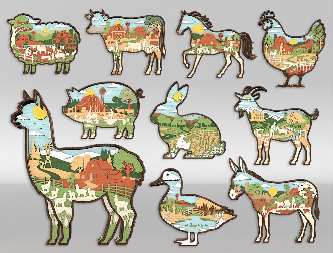 Farm Map Multilayer Icon Multilayer Farm Animal SVG Bundle, 3D Layered Rustic Farm Scene Animals ...