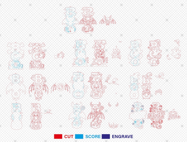 Op de afbeelding: Een digitaal bestand met meerdere Halloween-ontwerpen met het woord BOO, vleermuizen, geesten, pompoenen, katten en spookhuizen. De ontwerpen zijn rood omlijnd voor snijden en blauw voor scoren, met een legenda aan de onderkant.