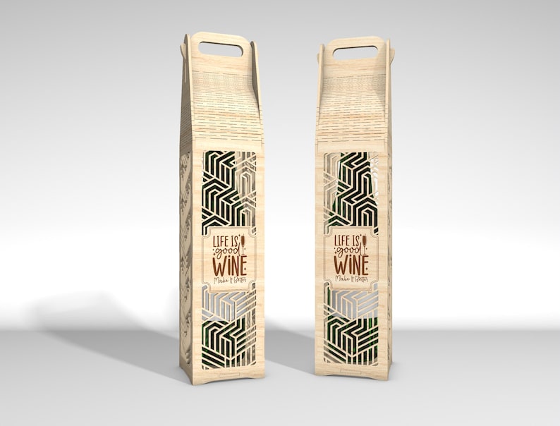 May include: Two wooden wine bottle holders with geometric cutouts and a handle. The holders feature the text "LIFE IS good WINE" in a brown font. The design includes a decorative pattern and a rectangular window to view the bottle.