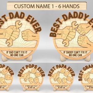 Gepersonaliseerde papa en kind handen monteur teken SVG, handige papa SVG, beste papa ooit SVG, cadeau voor papa, vaders dag geschenken SVG, Glowforge SVG-bestanden