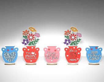 Flores y jarrón del Día de las Madres con soporte SVG, Regalo para mamá, Día de las Madres svg, Regalos del Día de las Madres svg, Archivos svg Glowforge, Archivos cortados con láser