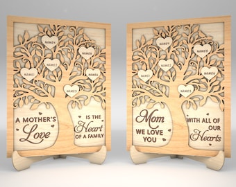 Puede incluir: Un recorte de madera de un árbol genealógico con corazones como hojas. El texto "A Mother's Love" está en el lado izquierdo y "Is the Heart of a Family" está en el lado derecho. El árbol tiene espacio para nombres en cada corazón.
