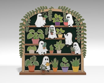Multilayer Halloween Houseplant Shelf svg, Wooden Shelf with Ghosts & Potted Plants svg, 4 Layer Art Piece for Glowforge, Laser cut file