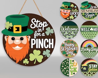 St Patrick’s Day Door Hanger SVG Bundle, Leprechaun Shamrock Welcome Signs Laser cut file, Lucky Decor, Cricut, Xtool, Glowforge svg files