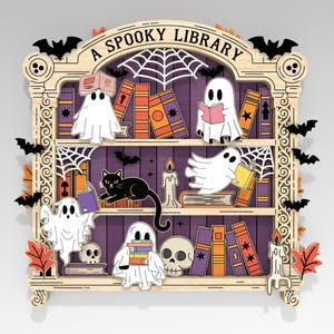 May include: A wooden shelf decoration featuring a spooky library scene. It includes ghosts, books, a black cat, and bats. The shelf is filled with colourful books, a skull, and candles. The text "A Spooky Library" is at the top, ideal for Halloween.