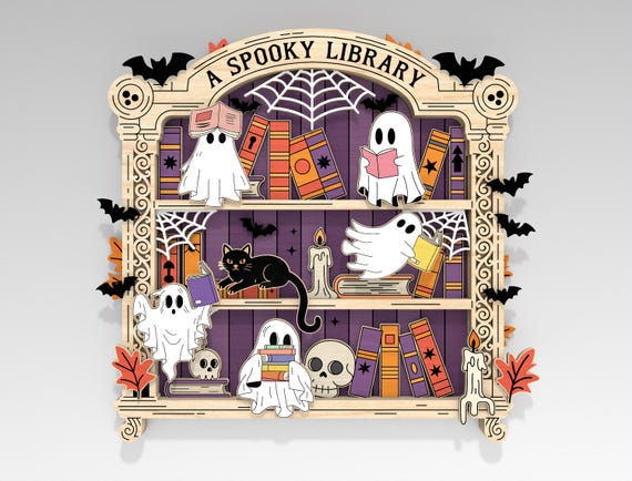 Multilayer Spooky Library SVG, Halloween Bookshelf Sign with Ghost Readers, Cat & Candles svg,5 Layer Art Piece for Glowforge,Laser cut file