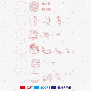 May include: A digital design file featuring various laser-cut designs, including circular ornaments with fall and harvest themes. The designs include text such as "Welcome" and images of trucks, scarecrows, and pumpkins. The file is marked with "CUT", "SCORE", and "ENGRAVE" labels.