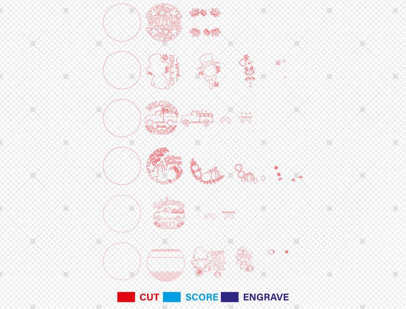 May include: A digital design file featuring various laser-cut designs, including circular ornaments with fall and harvest themes. The designs include text such as "Welcome" and images of trucks, scarecrows, and pumpkins. The file is marked with "CUT", "SCORE", and "ENGRAVE" labels.
