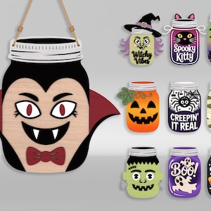 Halloween Mason Jar Door Hanger svg bundle, 10 Spooky Creepy Characters & Halloween Quotes Welcome Sign Laser cut files, Glowforge svg files