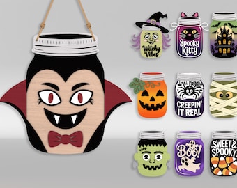 Paquete de colgadores de puerta de tarro de cristal de Halloween (SVG), letrero de bienvenida con 10 personajes espeluznantes y citas de Halloween, archivos cortados con láser, archivos SVG de Glowforge