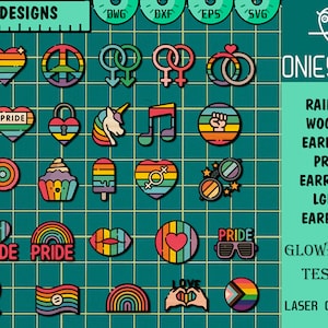 May include: 25 designs for rainbow wooden earrings, pride earrings, and LGBTQ earrings. The designs include a heart, peace sign, gender symbols, a unicorn, a cupcake, a lollipop, a music note, a fist, sunglasses, a rainbow, and more. The designs are in a variety of colors, including red, orange, yellow, green, blue, indigo, and violet. The designs are perfect for laser cutting.