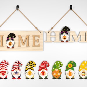 Signo de bienvenida de puerta de casa intercambiable SVG, signo de puerta de gnomo de temporada svg, colgador de puerta de gnomo svg, archivos svg Glowforge, archivos cortados con láser