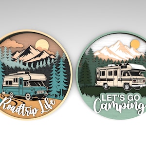 Pacchetto SVG multistrato per camper, Roadtrip Life e cartelli rotondi "Andiamo in campeggio" in formato SVG, Viaggi, Outdoor, Decorazioni da campeggio in formato SVG, file SVG Glowforge