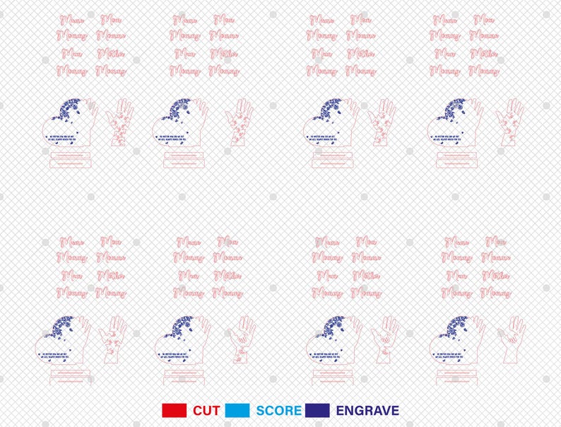 May include: A digital design file for a hand-shaped ornament with a blue and white snowflake pattern. The design includes cut, score, and engrave lines. The file is suitable for crafting projects.