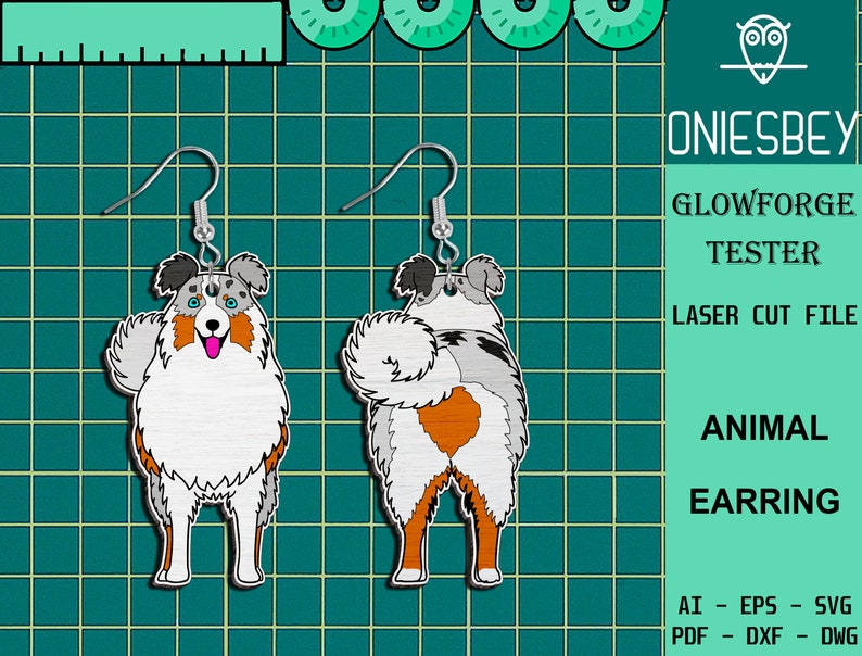 May include: A pair of laser cut earrings featuring a blue merle Australian Shepherd dog. The dog is shown in two poses, one facing forward and the other facing backward. The earrings are made of wood and have a silver hook.