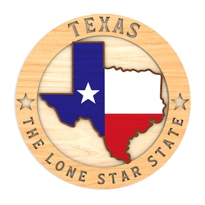 May include: A wooden round sign with the outline of the state of Texas, featuring the Texas flag colors of blue, white, and red. The sign reads "Texas The Lone Star State" with a star on each side of the text.