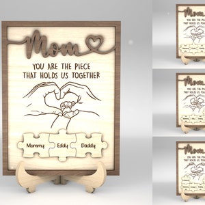 Signo de rompecabezas personalizado del Día de las Madres SVG, Manos familiares firman svg, Regalo para mamá, Regalos del Día de las Madres svg, Archivos svg Glowforge, Archivos cortados con láser