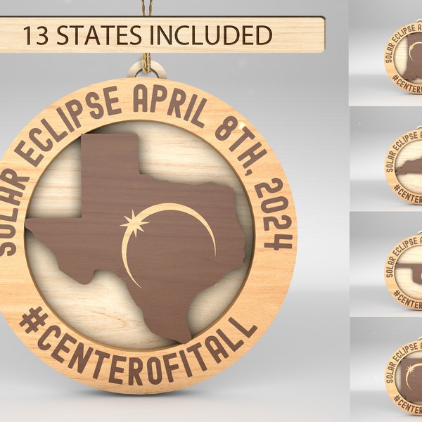 Paquete SVG de adornos de eclipse solar 2024, conjunto de 13 estados con archivo de corte láser de adorno de ruta de totalidad, archivos SVG Glowforge, archivo digital