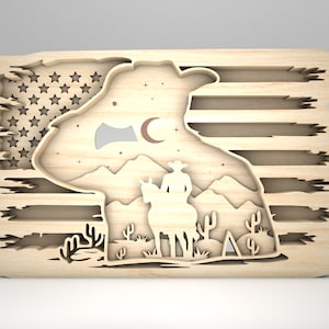 Drapeau américain multicouche avec art cowboy svg, svg cowboy en couches 3D, svg en couches Western, oeuvre d'art 6 couches pour Glowforge, fichiers découpés au laser