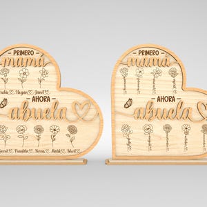 Decoración personalizada con forma de corazón y flores para el mes de nacimiento, SVG, Mamá en español, Primero mamá, Ahora abuela, Regalos para el Día de la Madre, Archivos SVG de Glowforge