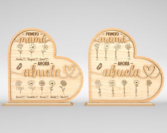 Personalized Birth Month Flowers Heart Stand Decor SVG,Spanish Mom svg, Primero mamá Ahora abuela svg, Mothers Day Gifts,Glowforge svg files