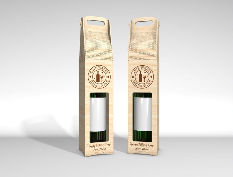 May include: Two wooden wine bottle gift boxes. Each box has a handle, a window to view the bottle, and a circular logo that says "Save Water Drink Wine". The boxes also have the text "Happy Father's Day! Love, Maria".