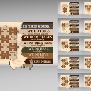 Gepersonaliseerd In This House familie puzzelstukje teken SVG, familie teken svg, cadeau voor familie, Glowforge svg-bestanden, lasergesneden bestanden