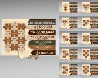 Personalisierte In diesem Haus Familie Puzzle Stück Zeichen SVG, Familien Zeichen SVG, Geschenk für Familie, Glowforge svg-Dateien, Laser geschnitten Dateien