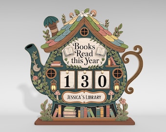 Letrero personalizado de seguimiento de libros leídos este año cortado con láser, letrero de registro de lectura SVG, regalo para amantes de los libros, decoración de biblioteca con tetera, archivos SVG de Glowforge