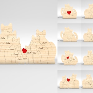 Puzzle de famille chat personnalisé SVG, svg de pièces de puzzle chat, cadeaux fête des pères svg, svg fête des mères, fichiers svg Glowforge, fichiers découpés au laser