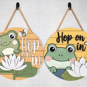 Grenouille saute dans le rond signe SVG, svg fleurs de printemps, signe de bienvenue nénuphar svg, svg accroche-porte printemps, fichiers svg Glowforge, fichiers découpés au laser